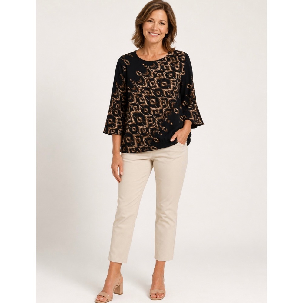 Chicos Black Brown Ikat Animal Print 3/4 Bell Sleeve Smocked Hem Blouse Size 1 M